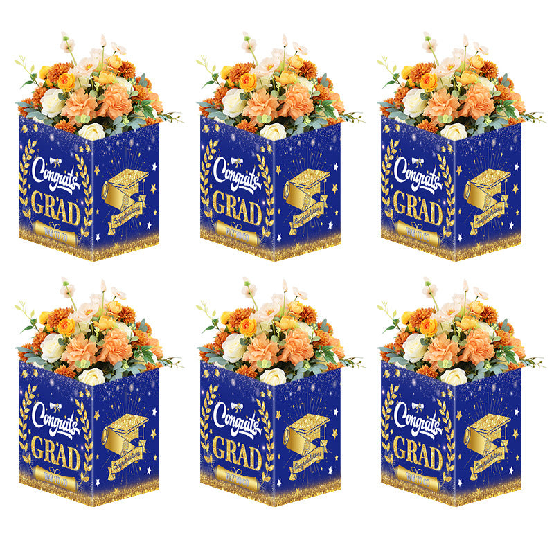 Square Graduation Flower Box | 20cm Cardboard Cube for Bouquet Arrangements | Blue & Black