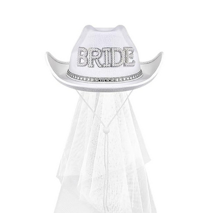 White bride cowboy hat with bridal veil and pearl lettering