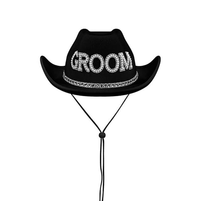 Black groom cowboy hat with rhinestone lettering and chin cord