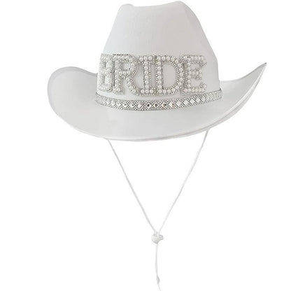 White bride cowboy hat without veil featuring pearl letter patch