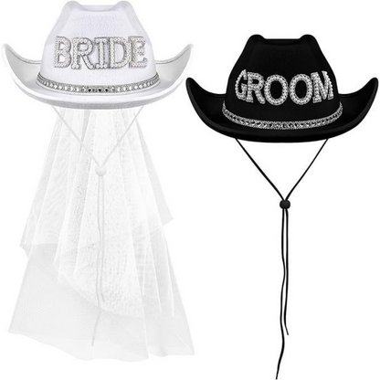 Bride and groom cowboy hats set with bridal veil and rhinestone trim