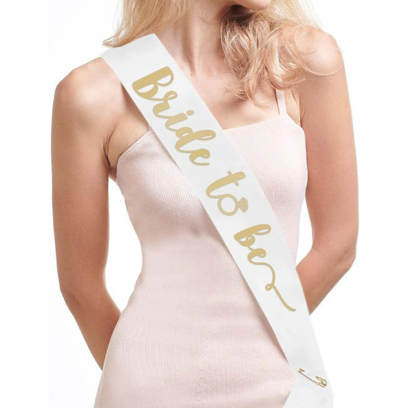 Bride to be satin sash model in white and gold