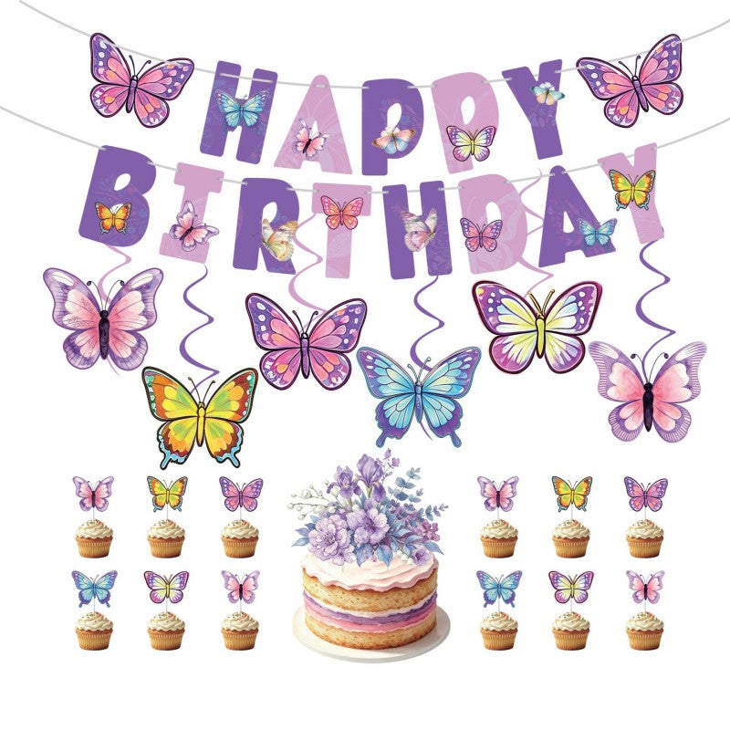 Butterfly & Letters Birthday Bunting Set – Themed Party Banner for Girls, Hanging Garland & Cake Picks Decoration Kit