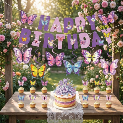 Butterfly & Letters Birthday Bunting Set – Themed Party Banner for Girls, Hanging Garland & Cake Picks Decoration Kit