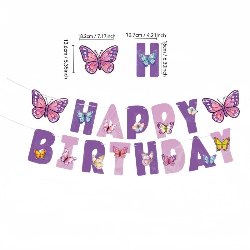 Butterfly & Letters Birthday Bunting Set – Themed Party Banner for Girls, Hanging Garland & Cake Picks Decoration Kit
