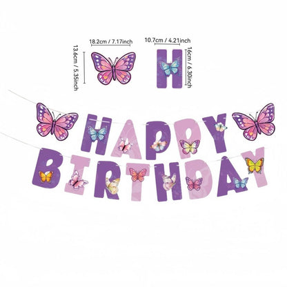 Butterfly & Letters Birthday Bunting Set – Themed Party Banner for Girls, Hanging Garland & Cake Picks Decoration Kit