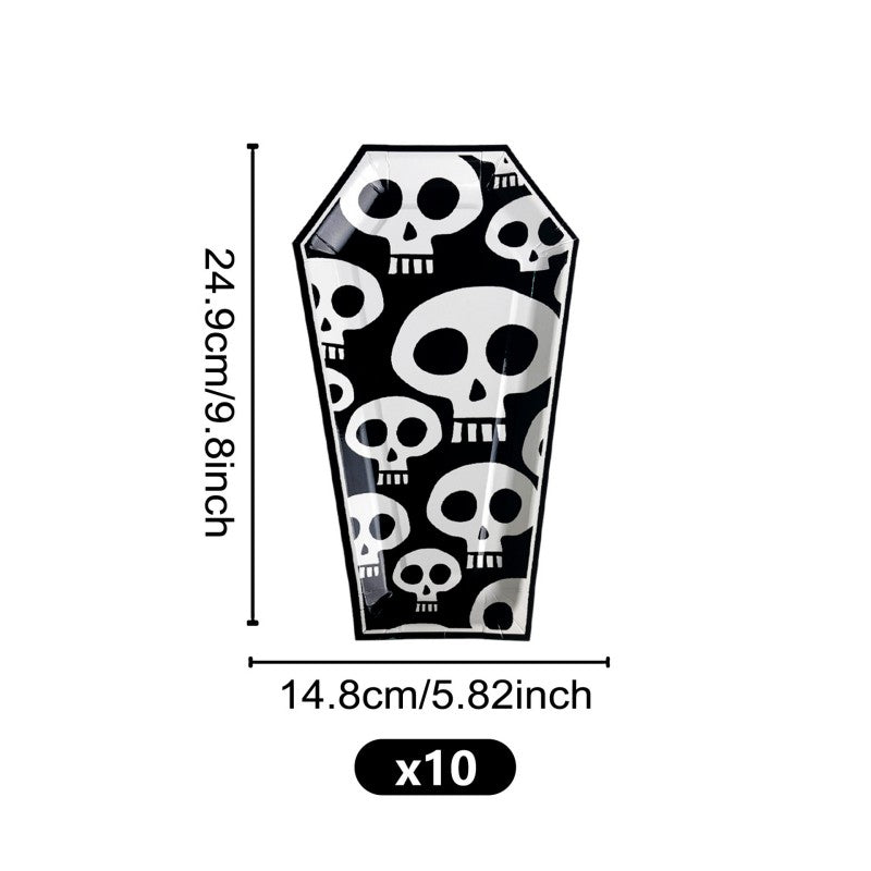 Halloween Coffin Shaped Paper Plates | Ghost & Bone Disposable Dinnerware | Party Supplies (C1-C6 Designs, 10 pieces/pack)