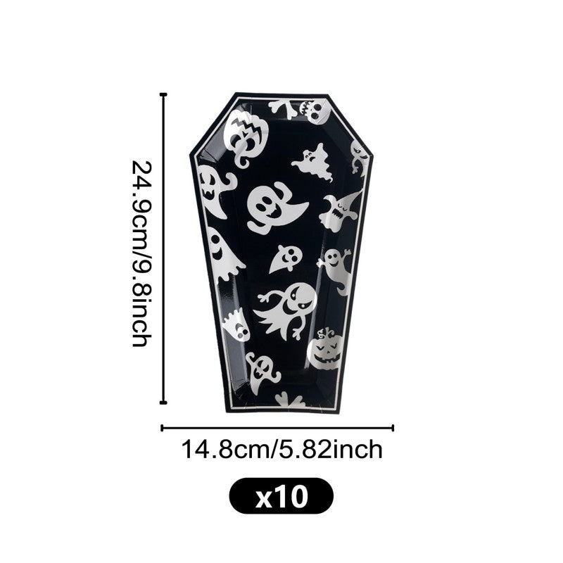Halloween Coffin Shaped Paper Plates | Ghost & Bone Disposable Dinnerware | Party Supplies (C1-C6 Designs, 10 pieces/pack)