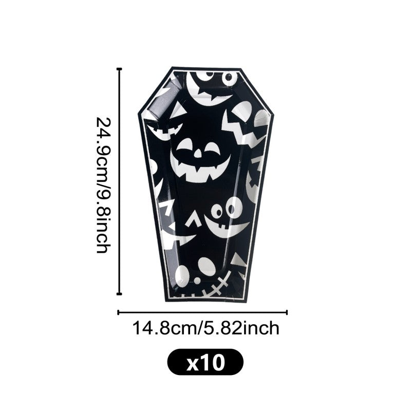 Halloween Coffin Shaped Paper Plates | Ghost & Bone Disposable Dinnerware | Party Supplies (C1-C6 Designs, 10 pieces/pack)