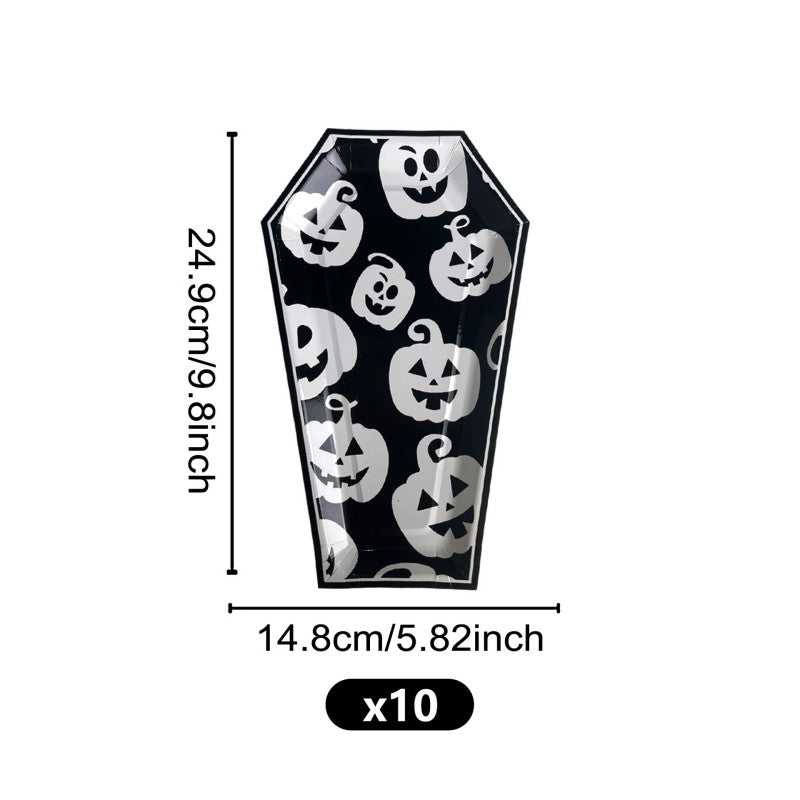 Halloween Coffin Shaped Paper Plates | Ghost & Bone Disposable Dinnerware | Party Supplies (C1-C6 Designs, 10 pieces/pack)