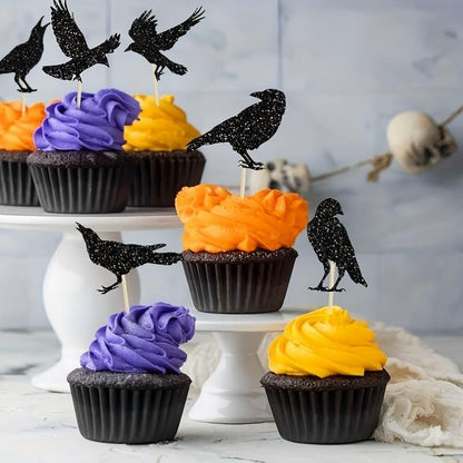 Halloween Cupcake Toppers – Vampire, Devil, Raven & Bat Picks for Birthday Cake Decor, Spooky Party Supplies, Favor Picks (6pcs/pack – Silver Blade/Pumpkin/Crow/Mixed 1/Mixed 2)