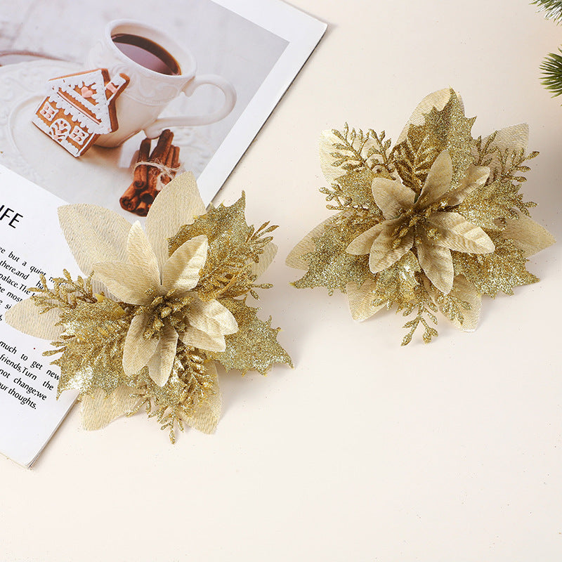 Realistic Faux Christmas Flowers with Glitter – Artificial Poinsettia Heads for Wreath Making, Tree Ornaments & Holiday DIY Projects (Champagne/Red‑Gold/Gold/Silver/Red, 14cm)
