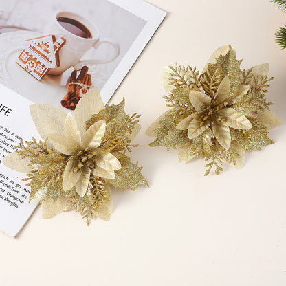 Realistic Faux Christmas Flowers with Glitter – Artificial Poinsettia Heads for Wreath Making, Tree Ornaments & Holiday DIY Projects (Champagne/Red‑Gold/Gold/Silver/Red, 14cm)