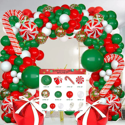 Christmas balloon garland kit, red, green, and white balloon garland with gift boxes