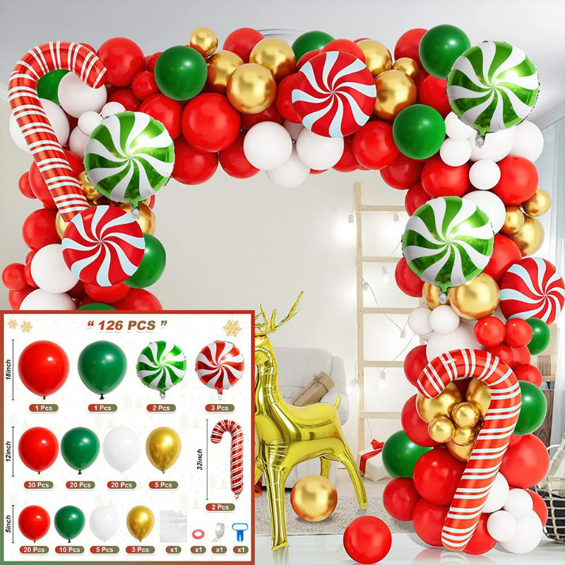 Christmas balloon arch kit, red, green, and gold balloon arch with explosion stars