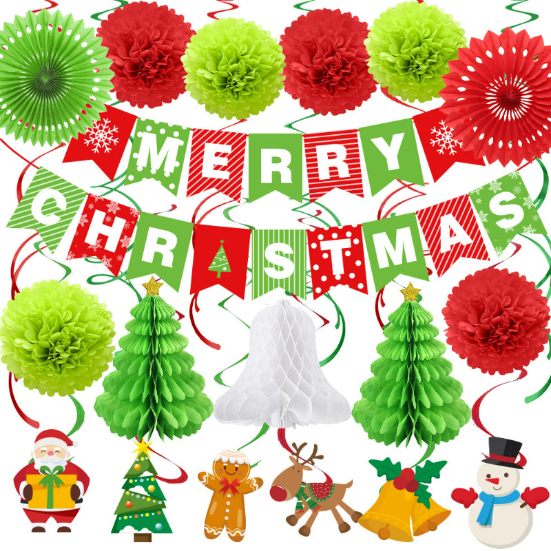 Christmas hanging decoration set with Merry Christmas banner, paper fans, tissue honeycomb trees, paper bell, and cartoon character swirls