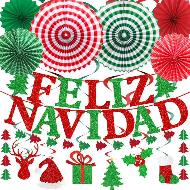Christmas hanging decoration set Spanish Feliz Navidad banner kit with striped paper fans and festive swirls
