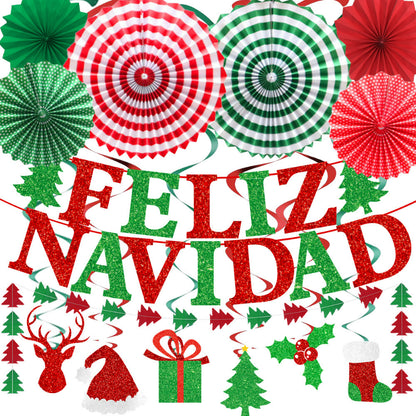 Christmas hanging decoration set Spanish Feliz Navidad banner kit with striped paper fans and festive swirls