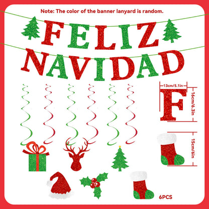 Christmas hanging decoration set component breakdown showing Feliz Navidad banner and hanging swirls with dimensions