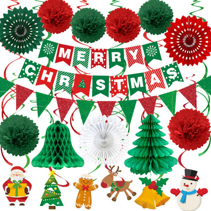 Christmas hanging decoration set with Merry Christmas swallowtail banner, paper honeycomb balls, paper fans, and 3D paper trees