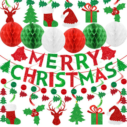 Christmas hanging decoration set with Merry Christmas banner, honeycomb balls, and holiday cutout hanging swirls