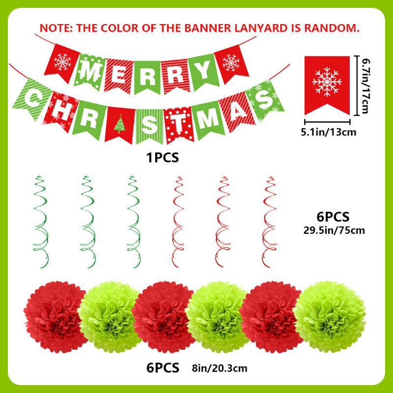 Christmas hanging decoration set component breakdown showing Merry Christmas banner, paper pompoms, and hanging swirls with dimensions