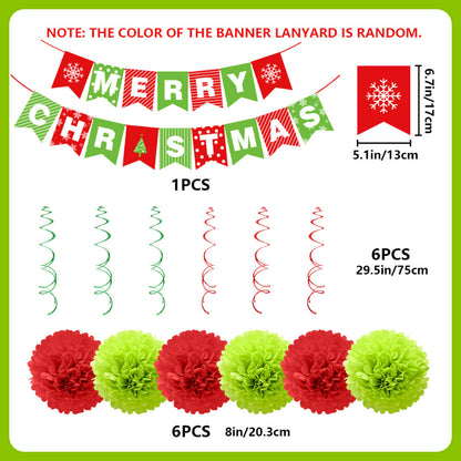 Christmas hanging decoration set component breakdown showing Merry Christmas banner, paper pompoms, and hanging swirls with dimensions