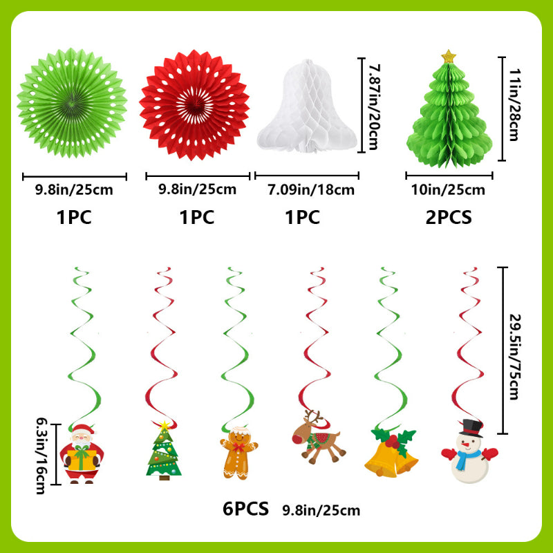 Christmas hanging decoration set component breakdown showing paper fans, honeycomb bell, 3D paper trees, and hanging swirls with dimensions