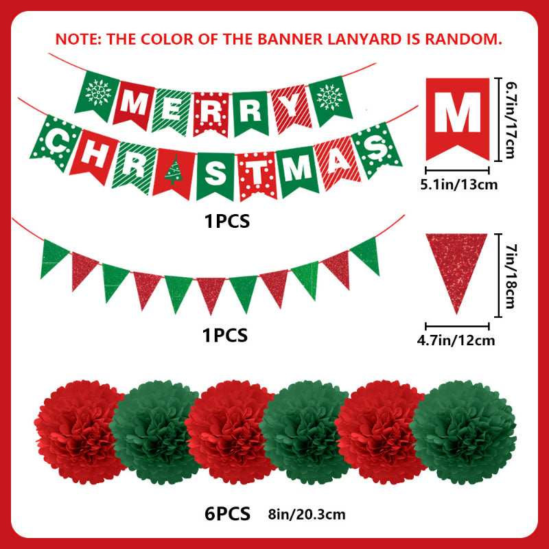 Christmas hanging decoration set component breakdown showing Merry Christmas banner, triangle pennant bunting, and paper pompoms