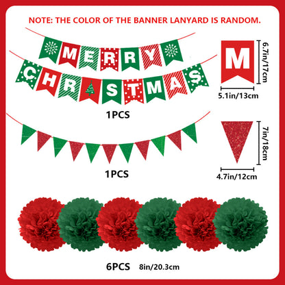 Christmas hanging decoration set component breakdown showing Merry Christmas banner, triangle pennant bunting, and paper pompoms
