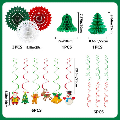 Christmas hanging decoration set component breakdown showing paper fans, honeycomb trees, and cartoon figure hanging swirls