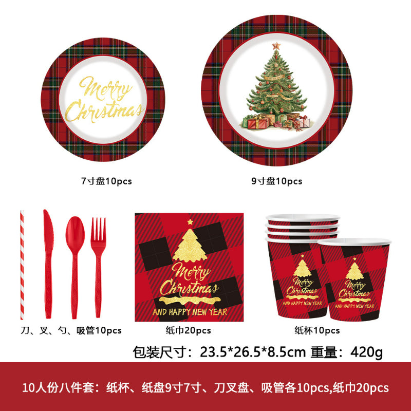 Christmas paper tableware set, 10-person complete dining kit with plates, cups, napkins and cutlery