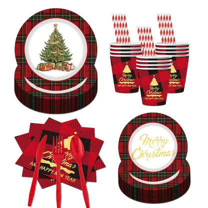 Christmas paper tableware set, red plaid 8-piece dining kit display