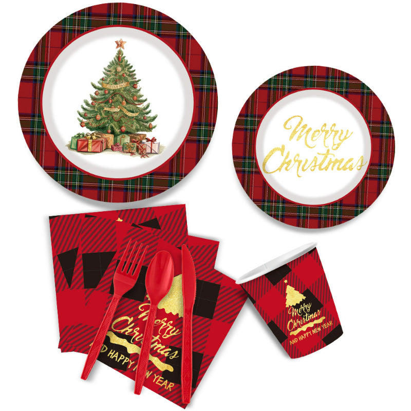 Christmas paper tableware kit, festive holiday dinner table setting and banquet display
