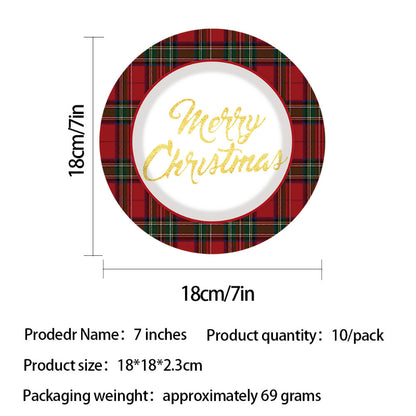 Christmas paper dessert plates, 7-inch round plaid dinnerware 10-pack