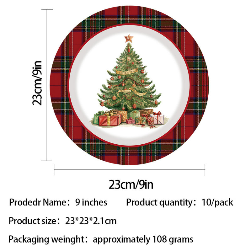 Christmas paper dinner plates, 9-inch round plaid holiday dinnerware 10-pack