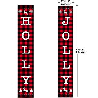 Holly Jolly porch banner, black and red plaid