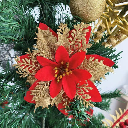Realistic Faux Christmas Flowers with Glitter – Artificial Poinsettia Heads for Wreath Making, Tree Ornaments & Holiday DIY Projects (Champagne/Red‑Gold/Gold/Silver/Red, 14cm)