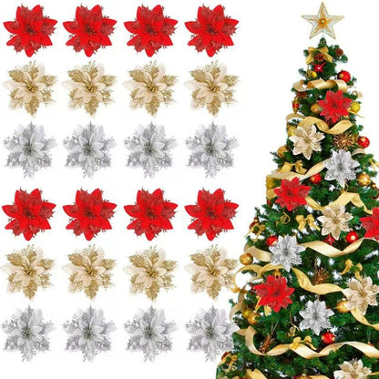 Realistic Faux Christmas Flowers with Glitter – Artificial Poinsettia Heads for Wreath Making, Tree Ornaments & Holiday DIY Projects (Champagne/Red‑Gold/Gold/Silver/Red, 14cm)