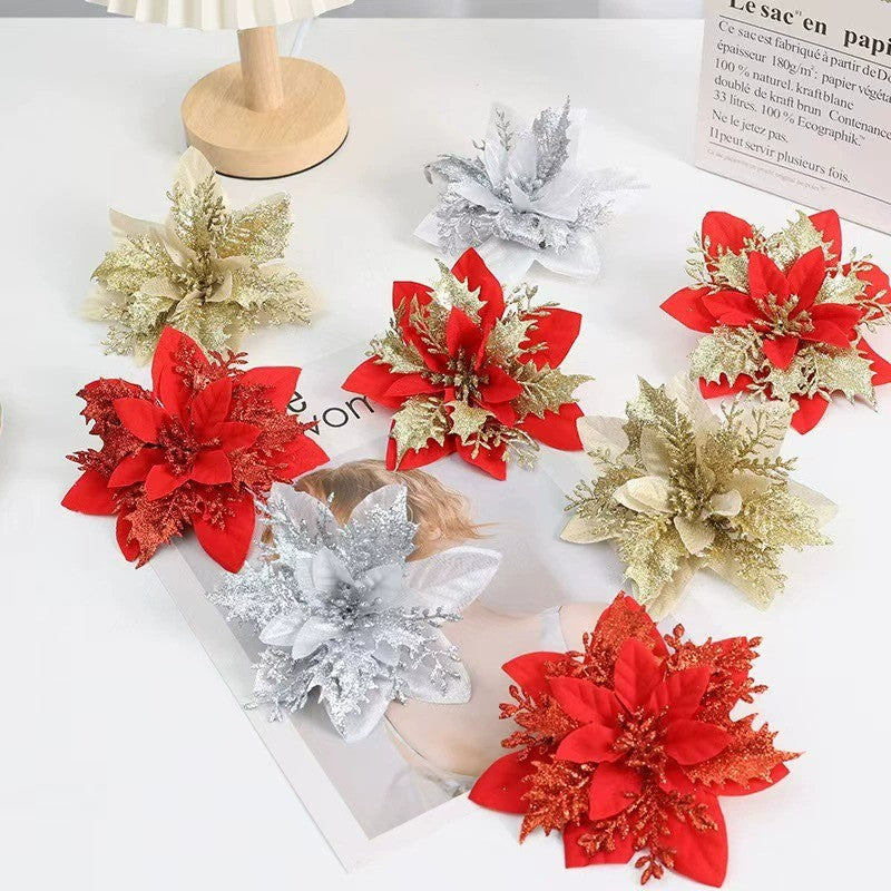 Realistic Faux Christmas Flowers with Glitter – Artificial Poinsettia Heads for Wreath Making, Tree Ornaments & Holiday DIY Projects (Champagne/Red‑Gold/Gold/Silver/Red, 14cm)