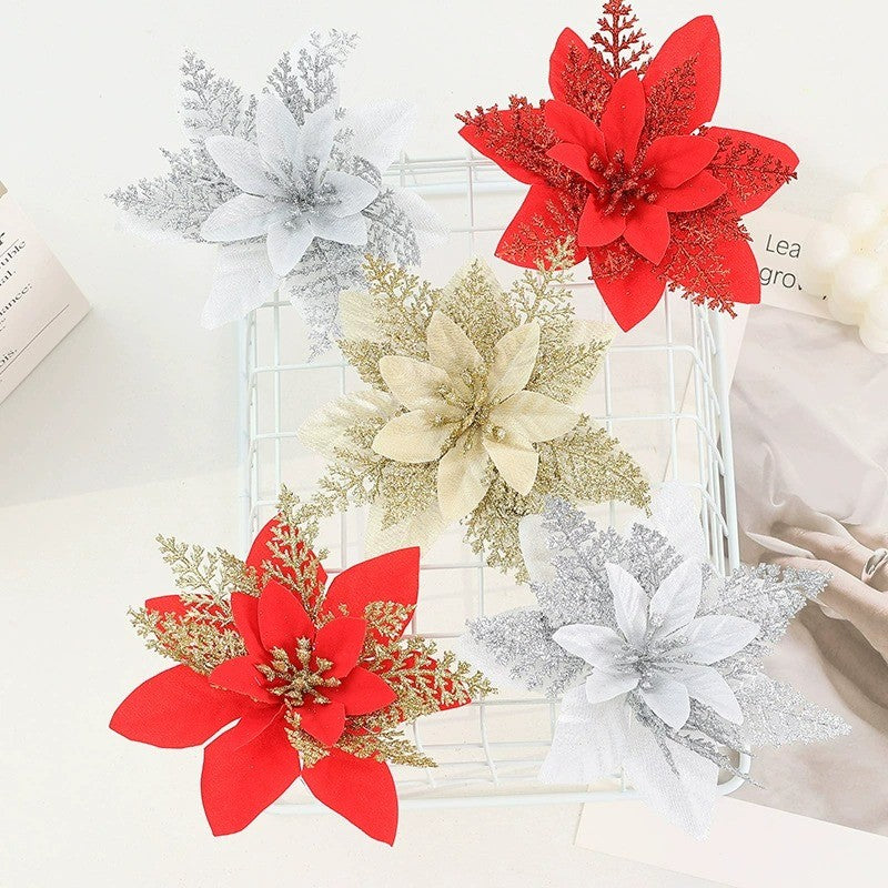 Realistic Faux Christmas Flowers with Glitter – Artificial Poinsettia Heads for Wreath Making, Tree Ornaments & Holiday DIY Projects (Champagne/Red‑Gold/Gold/Silver/Red, 14cm)