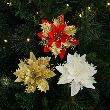 Realistic Faux Christmas Flowers with Glitter – Artificial Poinsettia Heads for Wreath Making, Tree Ornaments & Holiday DIY Projects (Champagne/Red‑Gold/Gold/Silver/Red, 14cm)