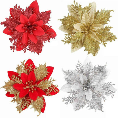Realistic Faux Christmas Flowers with Glitter – Artificial Poinsettia Heads for Wreath Making, Tree Ornaments & Holiday DIY Projects (Champagne/Red‑Gold/Gold/Silver/Red, 14cm)