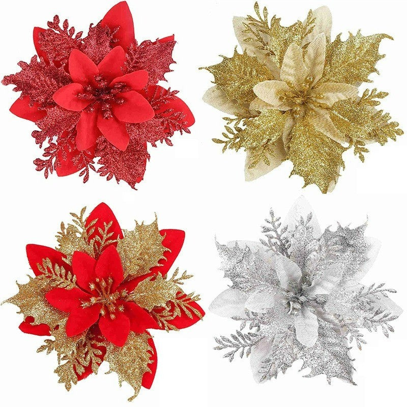 Realistic Faux Christmas Flowers with Glitter – Artificial Poinsettia Heads for Wreath Making, Tree Ornaments & Holiday DIY Projects (Champagne/Red‑Gold/Gold/Silver/Red, 14cm)