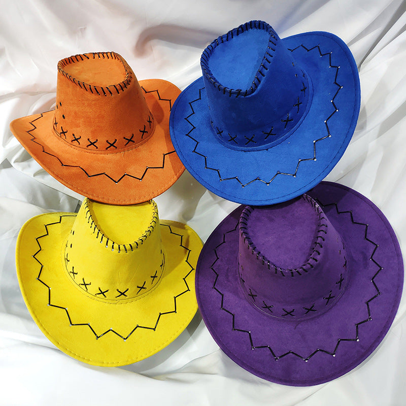 Classic felt cowboy hats stacked in orange blue yellow and purple
