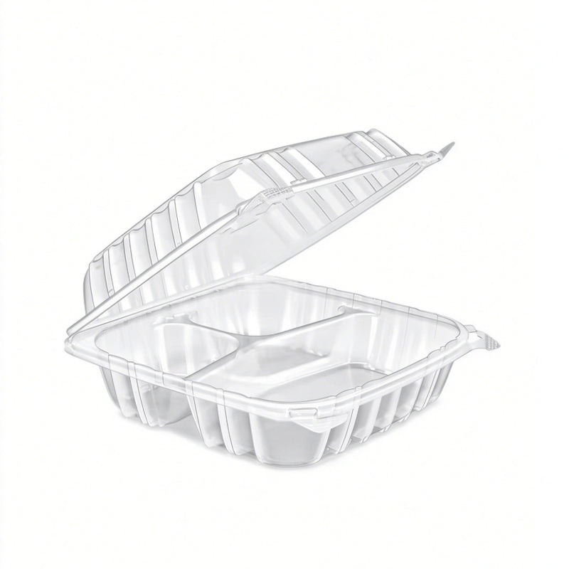 Hinged deli container three compartment open clamshell showing divided base