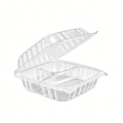 Hinged deli container three compartment open clamshell showing divided base