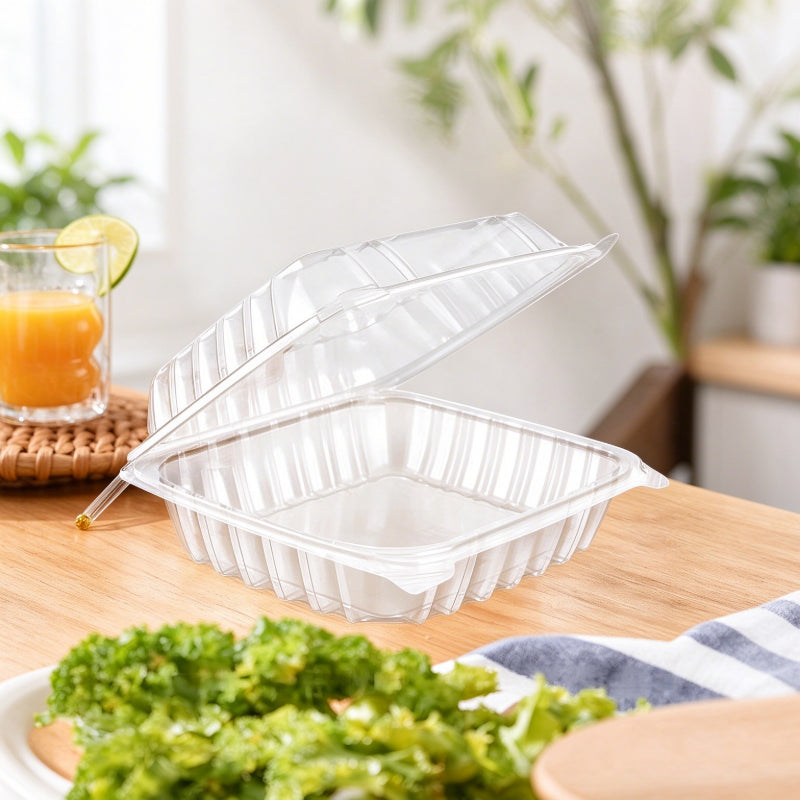 Hinged deli container single compartment open clamshell showing wide square base