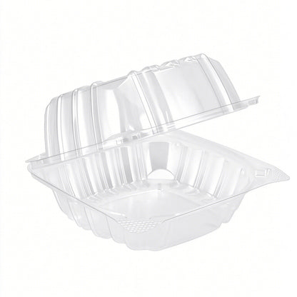 Hinged deli container single compartment with raised hinged lid showing deep base