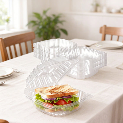 Hinged deli container closed dome lid showing high clarity transparency and snap seal